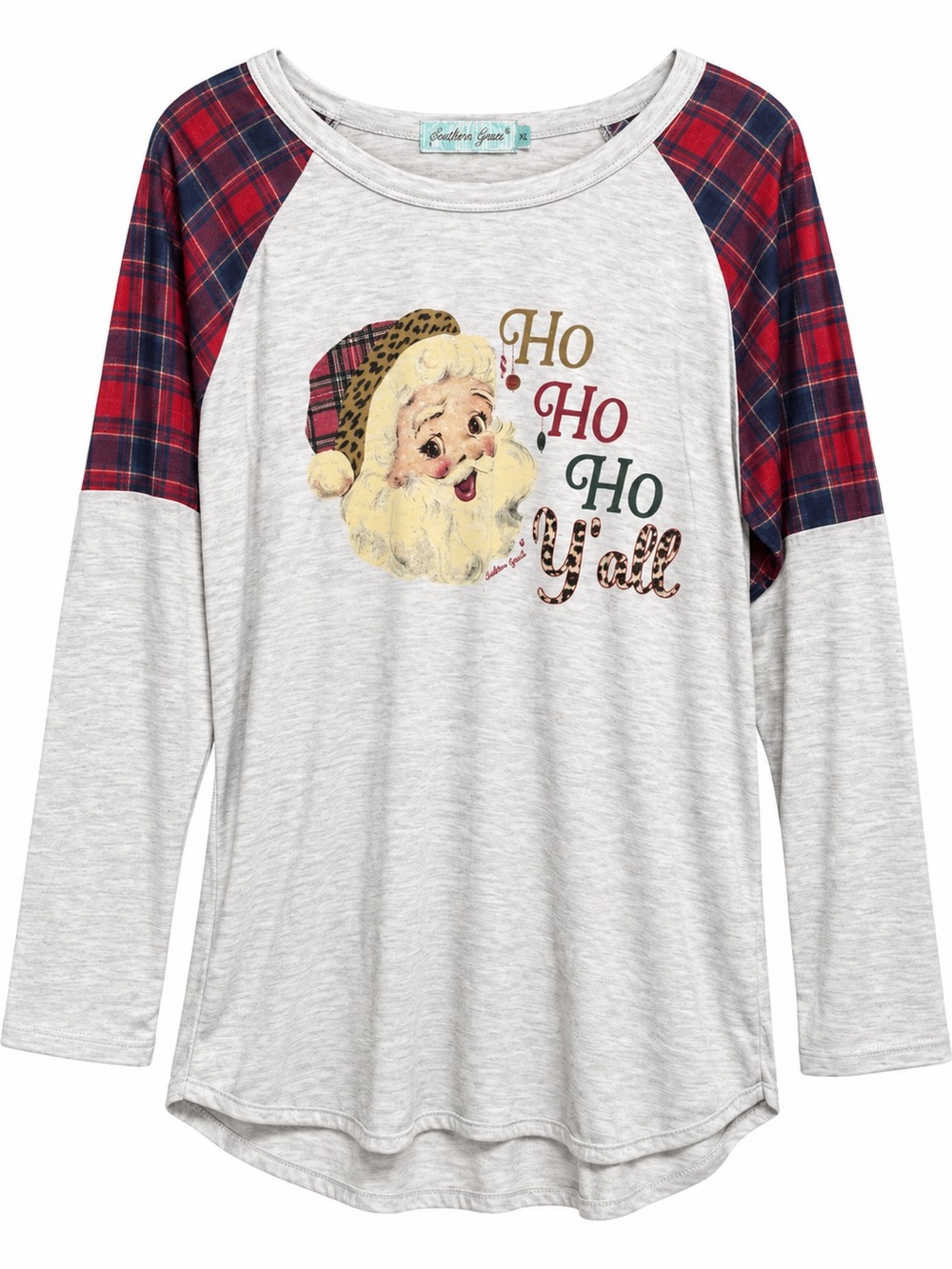 Southern Grace “Ho Ho Ho Y’all” Santa Plaid Raglan Top